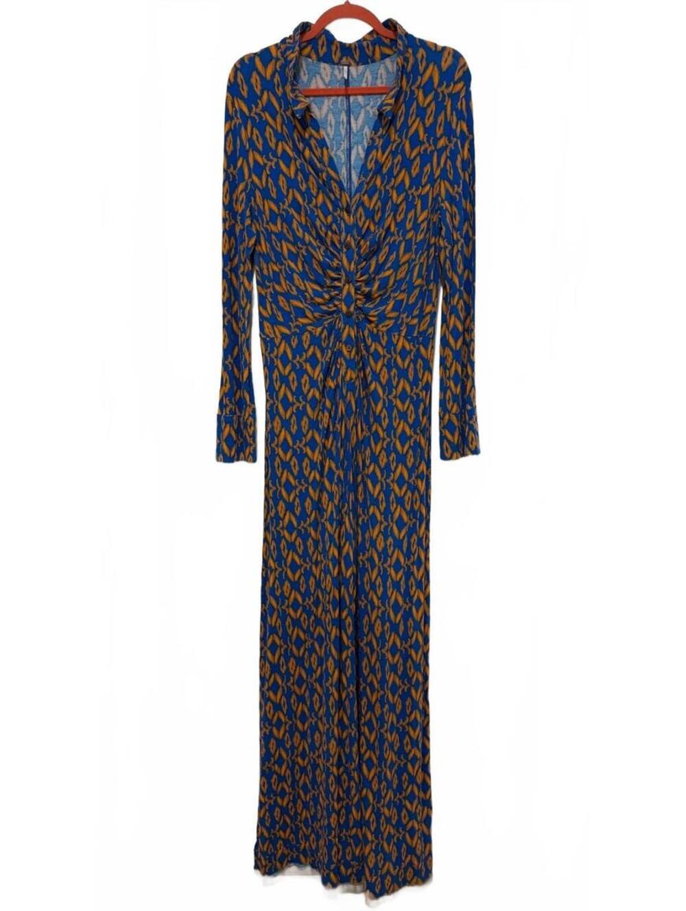 Free People Shayla Geo Print Jersey Jumpsuit Electric Blue Orange XL Wide Leg